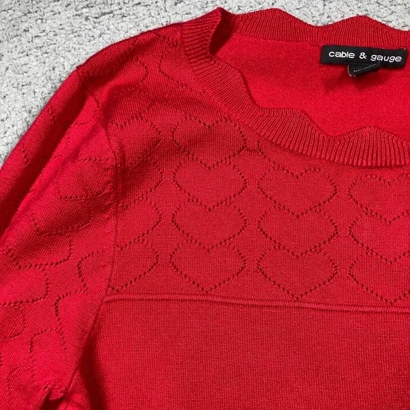 Cable & Gauge Sweater Women's Medium Red Hearts Long Sleeve Pullover Lightweight - Picture 2 of 7